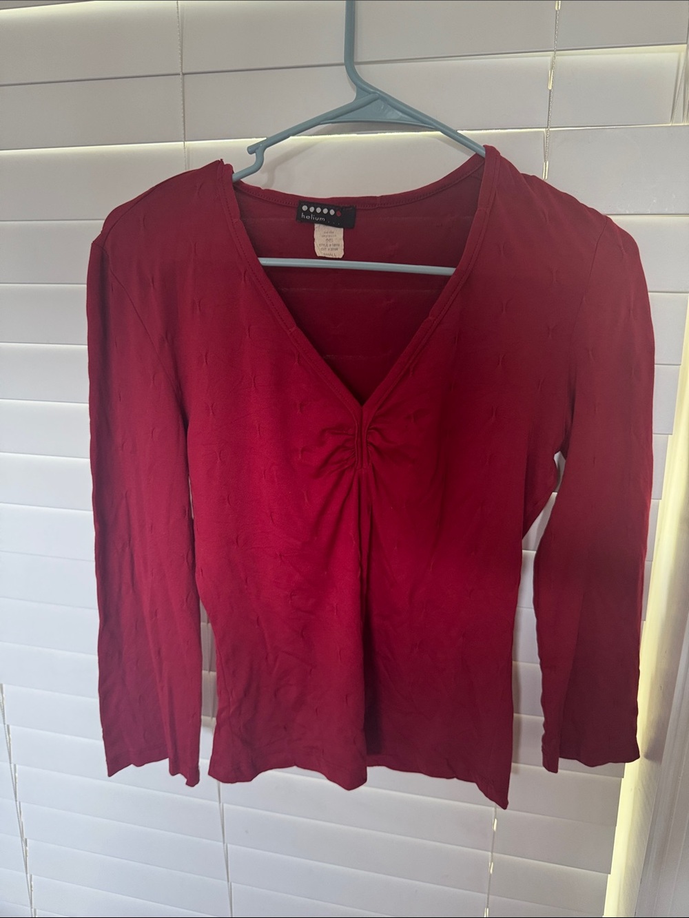 Women's V-Neck Gathered Long Sleeve Top - Deep Red Box 005